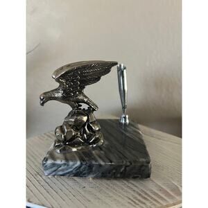 Vintage Silver-Plated Pewter Bald Eagle Desk Set – Marble Base w/ Pen Holder